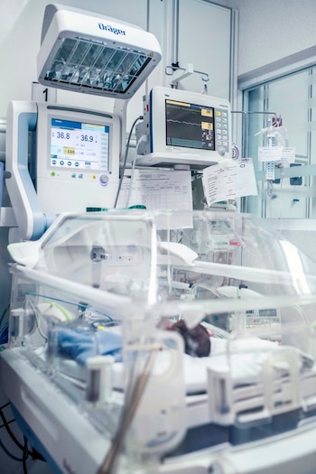 Incubadora con bebé, monitores médicos encendidos, lámpara Dräger, tubos, cables y registros clínicos en una sala de hospital