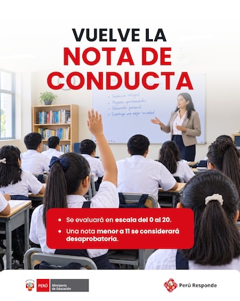 Cartel explicativo con texto sobre la nota de conducta, una foto de estudiantes en un aula y los logotipos del Ministerio de Educación de Perú