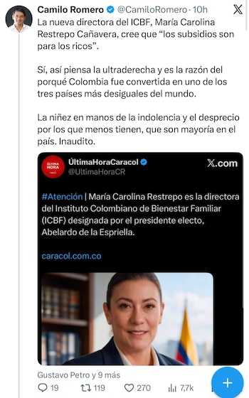 Camilo Romero arremetió contra María Carolina Restrepo - crédito @CamiloRomero/X