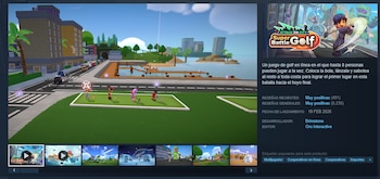 Pantalla de computadora con videojuego Super Battle Golf; incluye captura de pantalla de juego, texto, reseñas, fecha de lanzamiento y botones