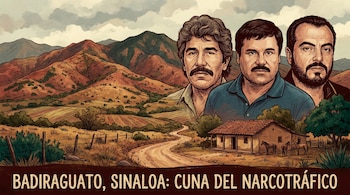 Ilustración de Badiraguato con montañas, una casa rural y los rostros de Rafael Caro Quintero, El Chapo Guzmán e Iván Guzmán Salazar.