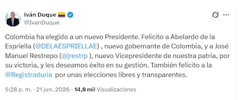 Iván Duque felicitó al presidente electo y destacó el papel de la Registraduría durante la jornada - crédito @IvanDuque/X