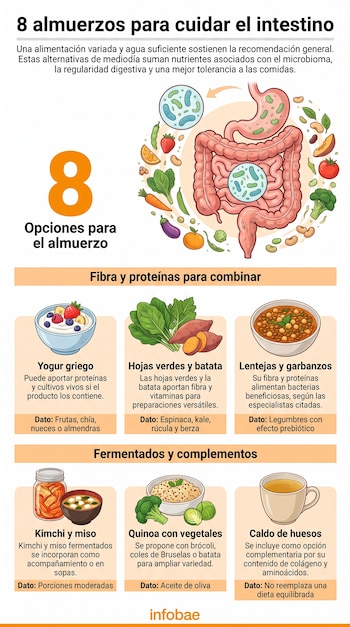 Infografía con ilustraciones de un tubo digestivo, yogur, vegetales, legumbres, un tazón de quinoa, caldo y fermentados.