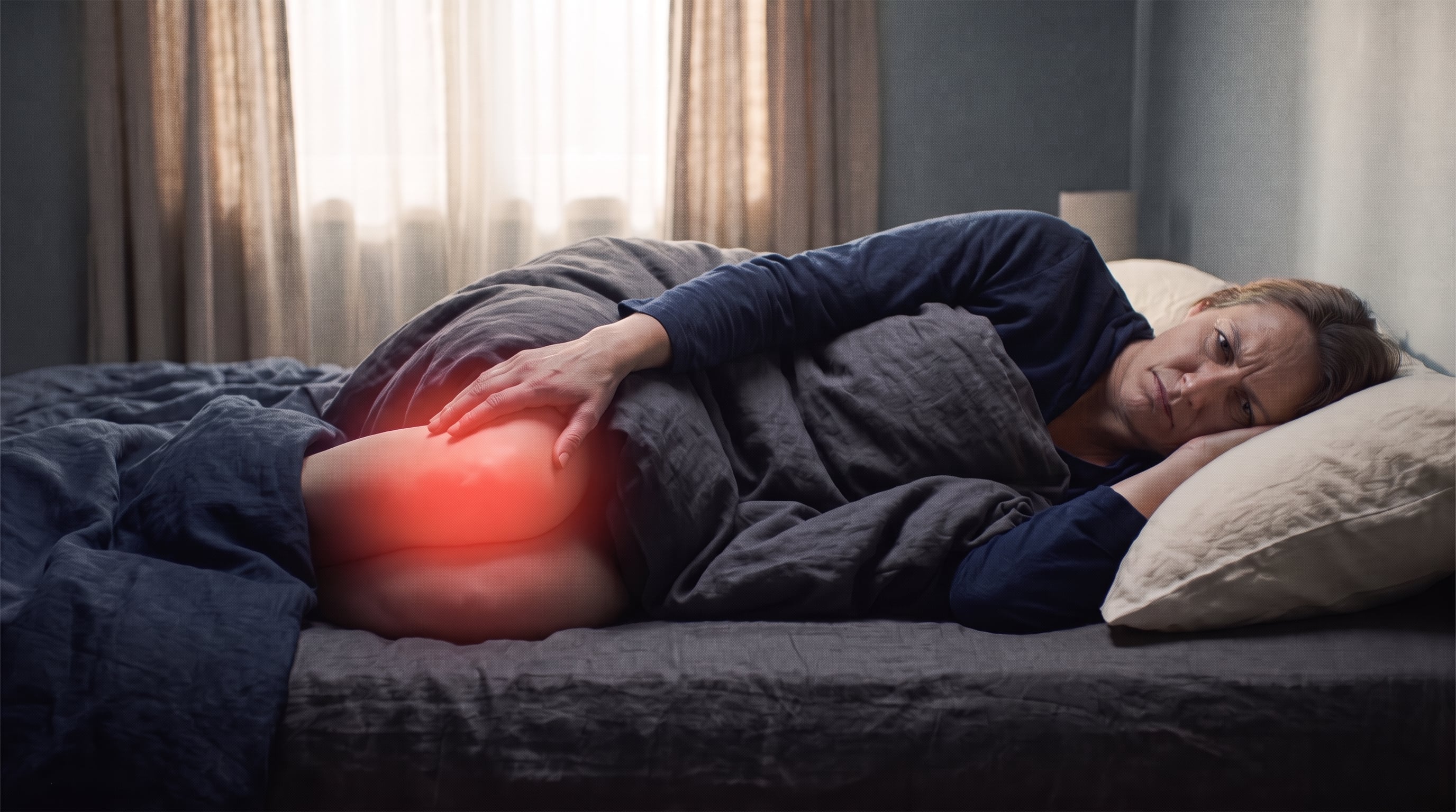 Una mujer recostada en la cama sostiene su pierna iluminada con una luz roja que representa dolor o inflamación (Imagen Ilustrativa Infobae)