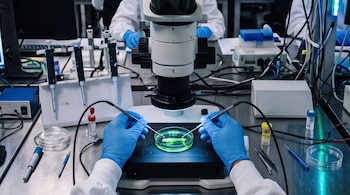 Manos con guantes azules y bata de laboratorio manipulan una muestra verde en una placa de Petri bajo un microscopio, junto a pipetas, pantallas y equipo.