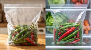Dos bolsas con chiles verdes y rojos: una sellada con condensación sobre madera y otra perforada dentro de un refrigerador.
