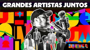 Colaje con fotos en blanco y negro de músicos sobre fondo colorido, con el texto Grandes artistas juntos y el logotipo Revueltas 25.