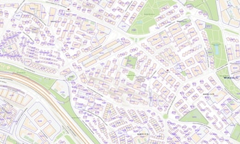 Mapa del catastro del distrito madrileño de Moratalaz. Los espacios blancos con los espacios interbloque