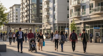 Vista diurna de personas caminando en una plaza pavimentada frente a edificios residenciales modernos y una estación de tren, con luz cálida del atardecer.