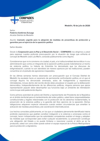 La Corporación para la Paz y el Desarrollo Social advirtió que el concejal de Medellín José Luis Marín Aquino enfrenta una situación de riesgo y reclamó al alcalde Federico Gutiérrez la adopción urgente de medidas preventivas para evitar que la confrontación política derive en un hecho de violencia - crédito @corpades/X