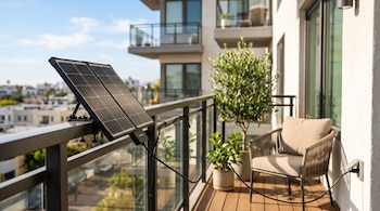 Un panel solar pequeño fijado a la barandilla de un balcón conecta su cable a un tomacorriente exterior de pared junto a plantas y un sillón.