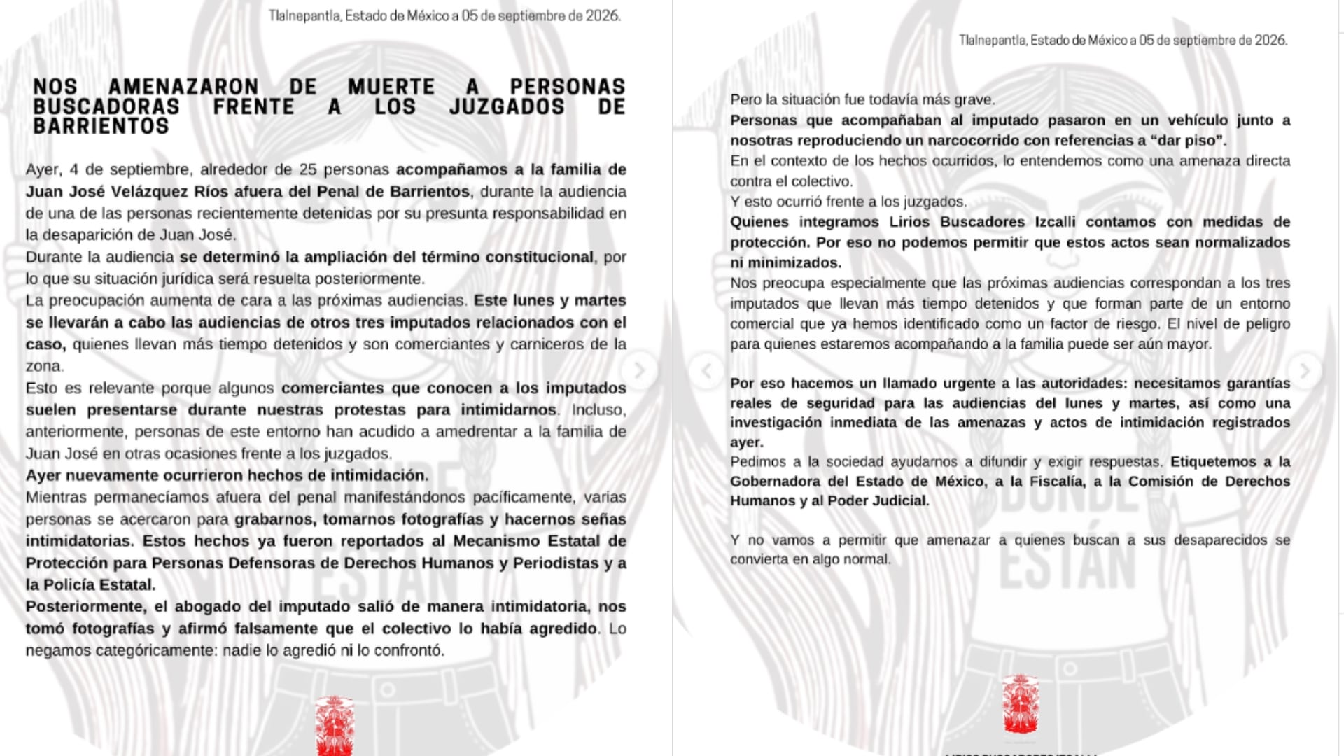 El colectivo Lirios Buscadores Izcalli denuncia amenazas e intimidaciones durante el acompañamiento a la familia de Juan José Velázquez Ríos en Barrientos, Estado de México. ( liriosbuscadores.izcalli )