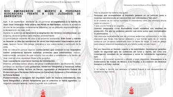 Un comunicado impreso emitido en Tlalnepantla, Estado de México, con el titular sobre amenazas de muerte a personas buscadoras