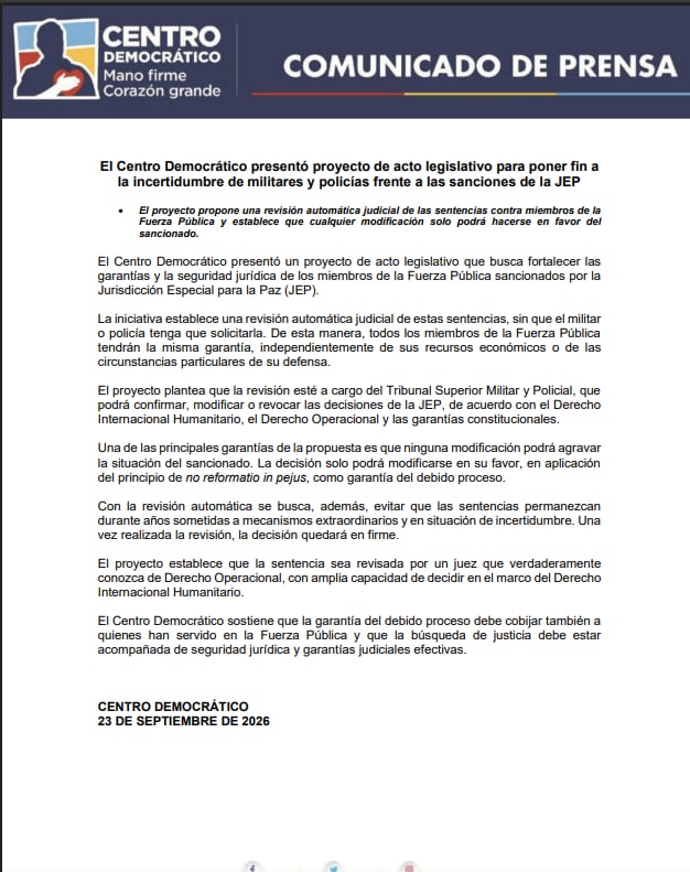 La iniciativa busca que militares y policías sancionados cuenten con una instancia adicional antes de que las decisiones queden en firme - crédito Centro Democrático
