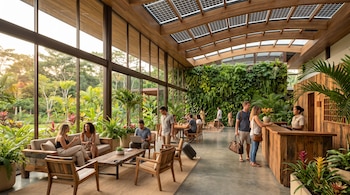 Personas en el vestíbulo de un hotel con muebles de madera, plantas en las paredes, ventanales y un techo de madera con tragaluces solares.
