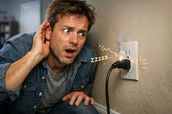 Hombre con expresión de susto se agacha cerca de un enchufe en la pared, con chispas, humo y un gráfico de 'zzzzz' visibles saliendo de la conexión.