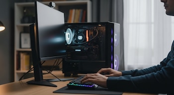 Un hombre de perfil teclea en un teclado retroiluminado, frente a un monitor negro y una torre de PC con paneles transparentes y luces RGB, en un escritorio de madera.