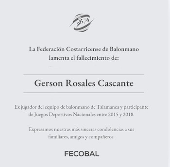 Mensaje publicado por la Federiación Costarricense de Balonmano tras la muerte del oficial y quien practicó ese deporte. Crédito: Federación Costarricense de Balonmano