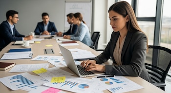 Mujer profesional de cabello oscuro sentada en una sala de reuniones, tecleando en un portátil plateado, rodeada de documentos, gráficos y notas sobre la mesa.