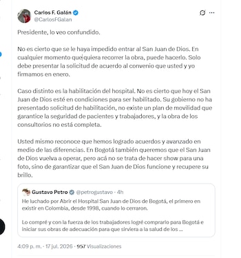 El alcalde Carlos F. Galán negó estar impidiendo la expedición de la habilitación de prestación de servicios de salud del San Juan de Dios - crédito @CarlosFGalan/X