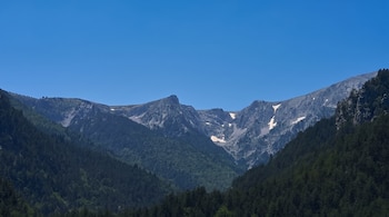 Montañas rocosas con cimas irregulares y algunos parches de nieve, cubiertas de densos árboles verdes en las laderas inferiores, bajo un cielo azul claro.