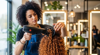 Peluquera con cabello rizado oscuro seca el cabello rizado anaranjado de una clienta con un secador y difusor, en un salón de belleza moderno.