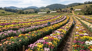 Un campo agrícola con hileras de crisantemos de colores variados, personas con sombreros y canastas entre los surcos, e invernaderos al fondo.