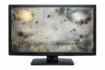 Un monitor de pantalla plana negro, encendido, muestra su pantalla con una textura irregular de manchas oscuras, claras y tonos ocres.