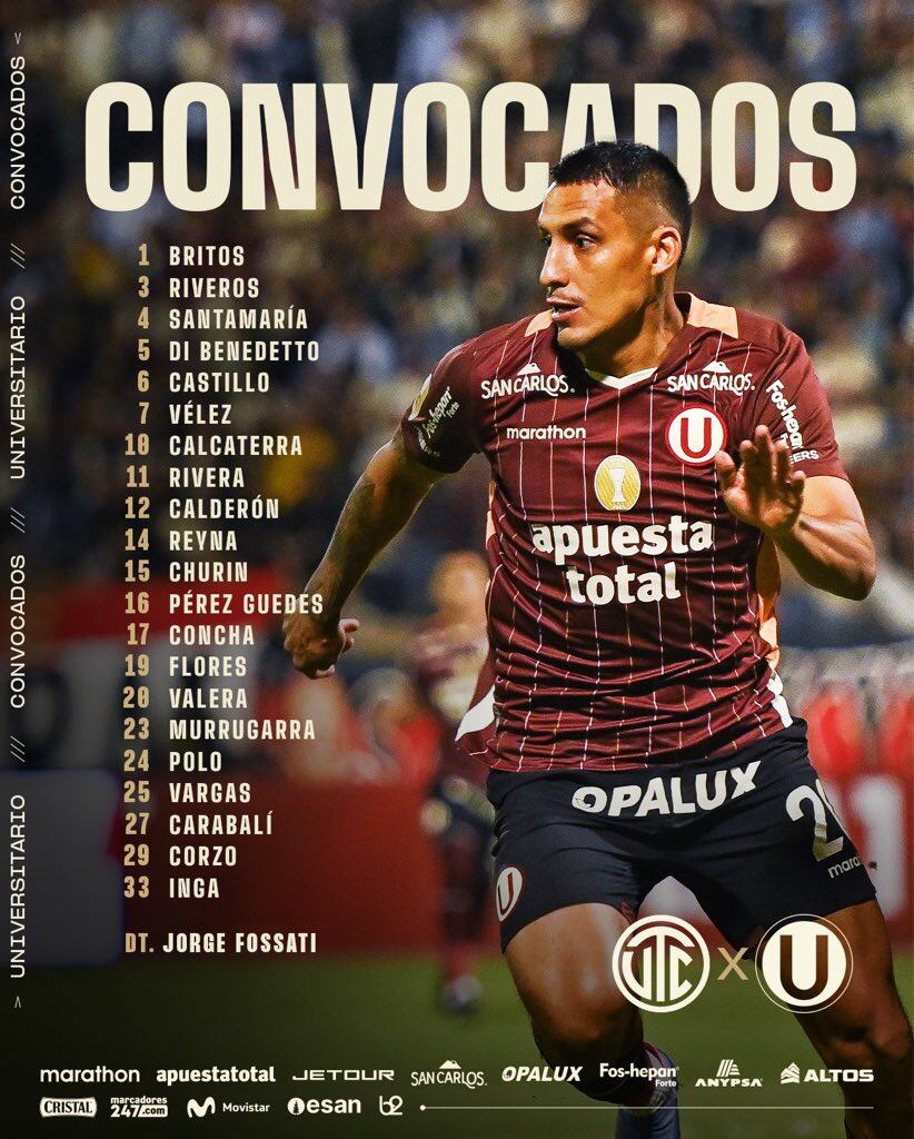 Los convocados de Universitario de Deportes para enfrentar a UTC