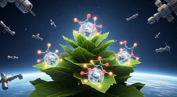Una planta verde frondosa en el espacio con estructuras moleculares brillantes en sus hojas. Naves espaciales y estrellas flotan en el fondo azul oscuro sobre la Tierra.