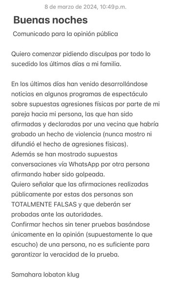 Comunicado de Samahara Lobatón.