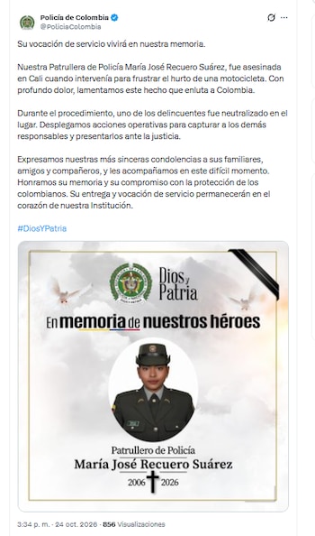 La Policía Nacional lamentó el asesinato de la patrullera María José Recuero Suárez - crédito @PoliciaColombia/X