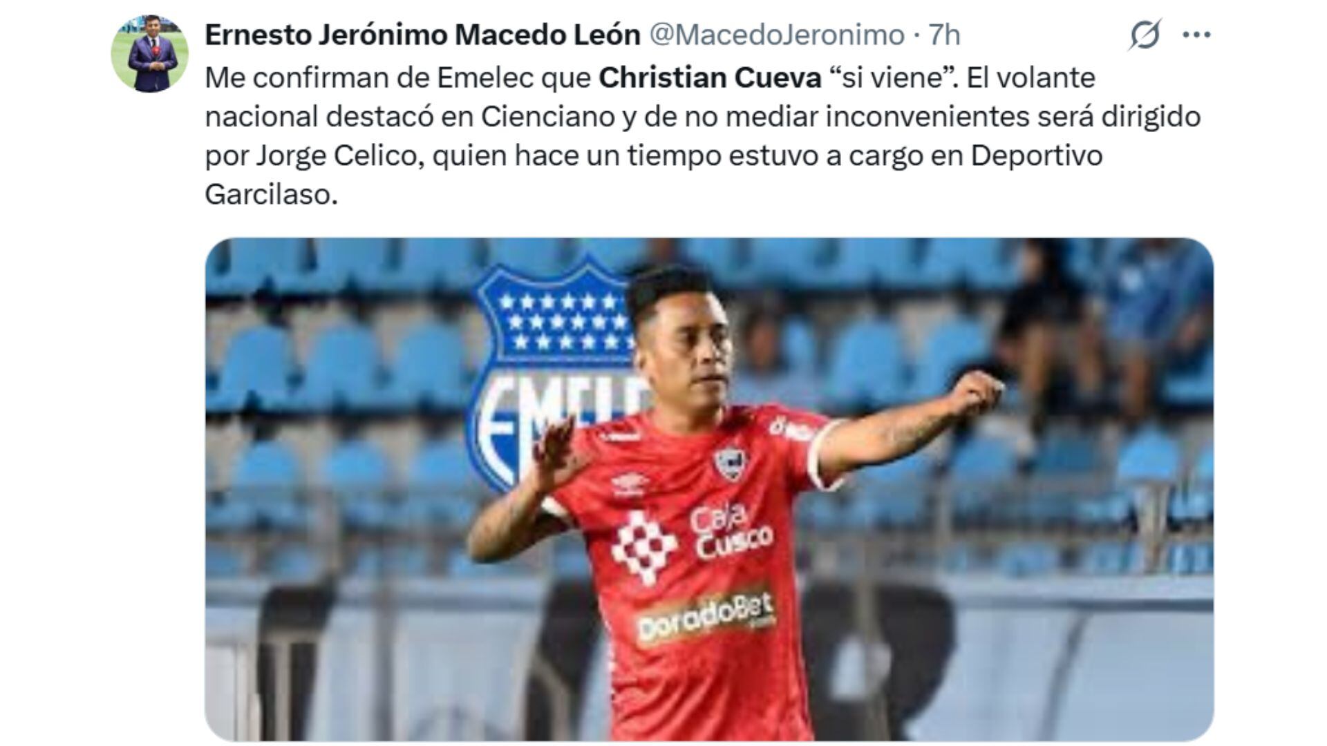 Desde Emelec confirmaron que Christian Cueva llegará al club.