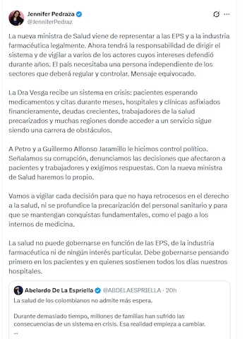 Pedraza afirmó que el nombramiento de Vesga es un "mensaje equivocado" por parte del presidente electo Abelardo de la Espriella - crédito @JenniferPedraz/X