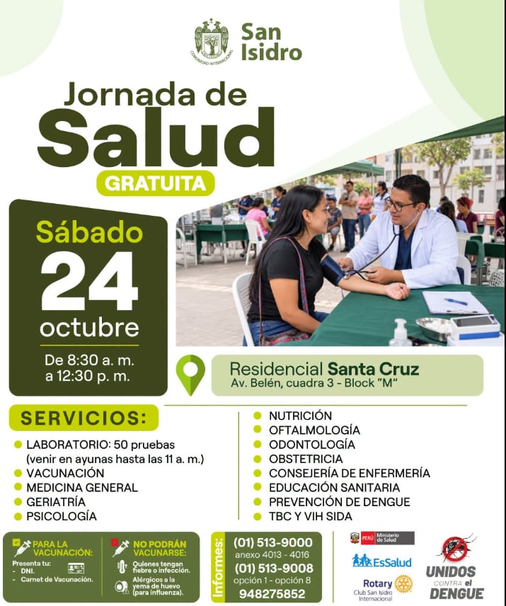 La jornada se desarrollará de 8:30 a. m. a 12:30 p. m. y permitirá a los vecinos acceder a diferentes prestaciones médicas sin costo - Créditos: Municipalidad de San Isidro.