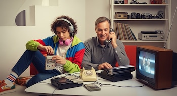Joven con audífonos inserta casete en reproductor. Hombre sonriente habla por teléfono de disco. Mesa con Walkman, teléfono, máquina de escribir y TV retro.