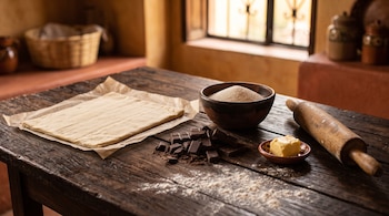 Una lámina de hojaldre, un tazón de azúcar, trozos de chocolate, mantequilla y un rodillo reposan sobre una mesa de madera rústica.