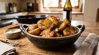 Un cuenco con papas al horno con romero, un recipiente pequeño con salsa, un tenedor, un cuchillo y una botella en el fondo.