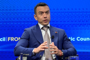El Presidente de Ecuador, Daniel Noboa, habla durante un evento este jueves, en el centro de pensamiento Atlantic Council en Washington (Estados Unidos). EFE/ Lenin Nolly