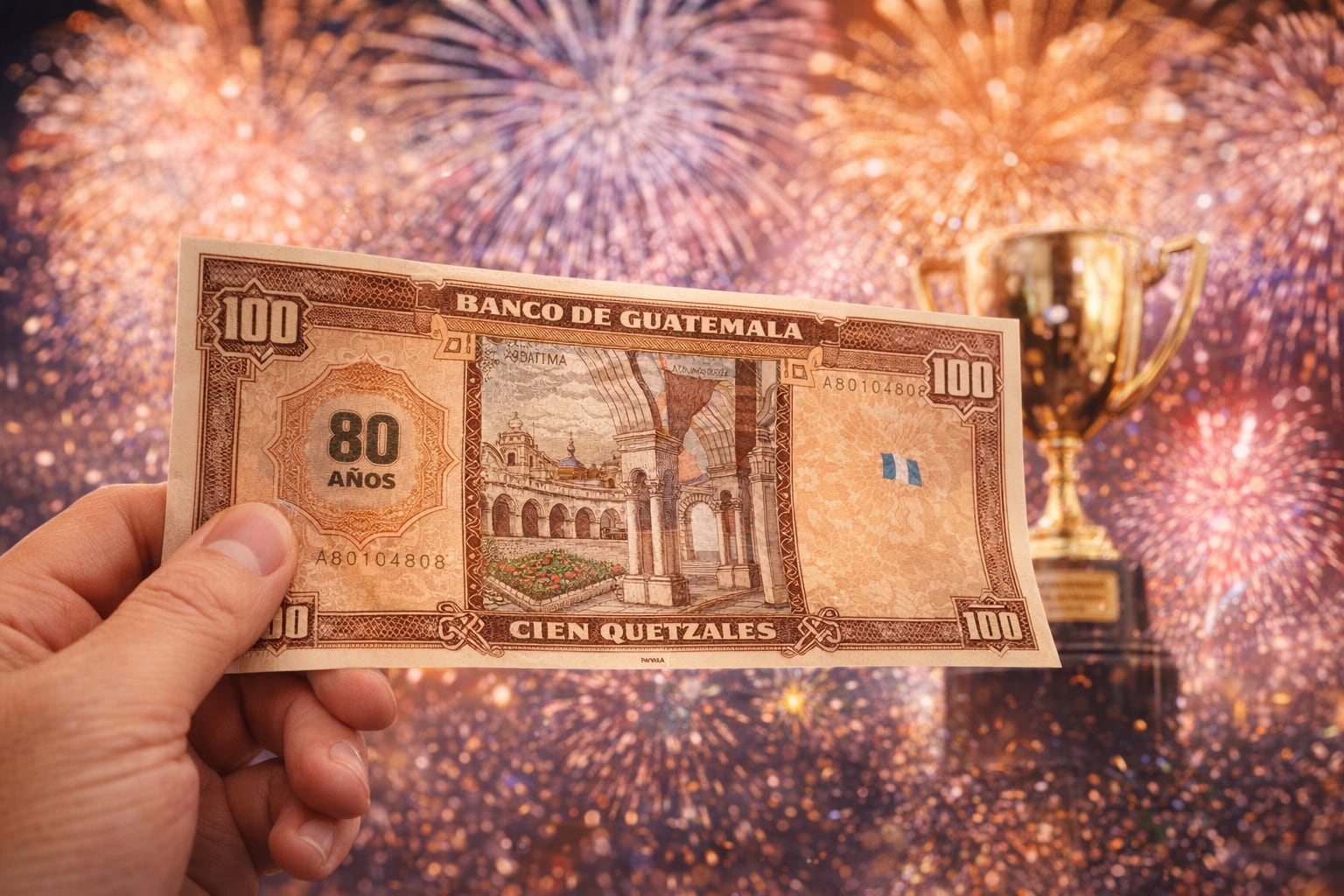 Una mano sostiene el billete de 100 Quetzales de Guatemala, reconocido con un premio por su diseño, frente a un fondo de fuegos artificiales y un trofeo dorado que simbolizan el logro. (Imagen Ilustrativa Infobae)