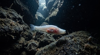 Pez translúcido blanco con órganos internos rojizos visibles en un entorno submarino oscuro, rodeado de rocas, sedimentos y partículas.