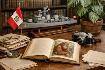 Mesa de madera con pila de documentos antiguos, lupa, gafas, bandera de Perú, libro abierto con ilustración de orangután, cámara, maqueta de buque y planta.
