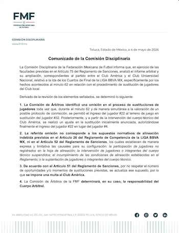 Documento oficial de la Federación Mexicana de Futbol (FMF) con su logo y texto de comunicado disciplinario, fechado en Toluca, Estado de México, 4 de mayo de 2026