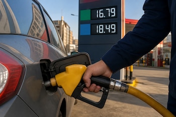 Una mano con chaqueta azul sostiene un surtidor amarillo que carga combustible en un automóvil gris junto a un panel digital de precios.