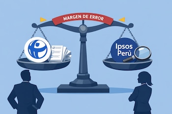Ilustración de dos personas viendo una balanza con los logos de Transparencia y Ipsos Perú, actas electorales y una lupa, con una banda roja que dice "Margen de error".