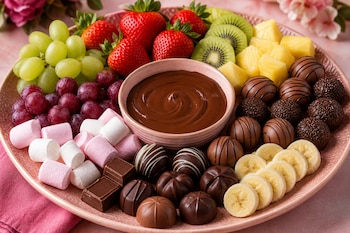 Plato con fresas, kiwi, uvas, piña, plátano, bombones de chocolate, malvaviscos y un tazón con chocolate líquido en el centro.