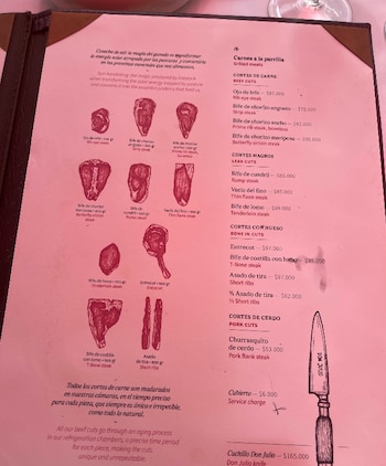 Primer plano de una página del menú de un restaurante, que muestra ilustraciones de diversos cortes de carne de res y cerdo con sus nombres, pesos y precios