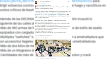 Captura de pantalla de una publicación en red social del Departamento de Justicia de Estados Unidos sobre una operación policial con fotos de armas
