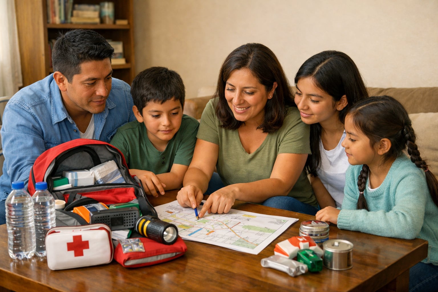 Una familia peruana prepara su plan de emergencia observando un mapa de rutas de evacuación y una mochila de supervivencia. (Imagen Ilustrativa Infobae)