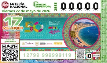 Billete de Lotería Nacional Sorteo Superior con premio de 17 millones, fecha 22 de mayo de 2026. Muestra arte del Tianguis Turístico Acapulco y una vista de su bahía